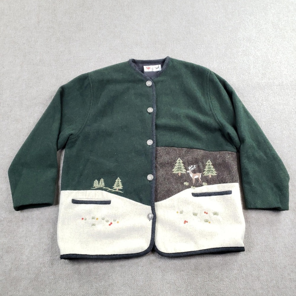 Südtirol Jacket Womens Large Green Wool Embroidered Deer‎ Forest Scenic Lined